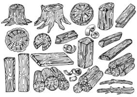 Wood set. Planks and logs, lumber and Cuts, Firewood in vintage style. Pieces of Tree. Vector illusion for signboard, labels, logo or banner. Campfire material. Engraved Hand drawn sketch.