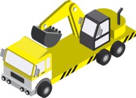 Trucks and excavator illustration in 3D isometric style png