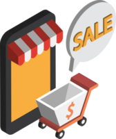 ilustración de teléfono inteligente y carrito de compras en estilo isométrico 3d png