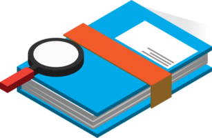 illustration de livre et de loupe dans un style isométrique 3d png