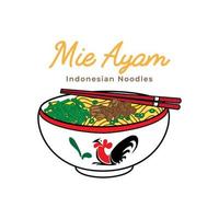 Mie ayam chicken noodles vector illustration on bowl and chopstick with vintage retro flat style. Indonesian chicken noodle soup.