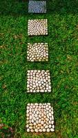 Square stepping stone used pathway on the grass at home garden or park. photo