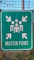 Sign post muster point for people gather together when emergency situation happen, like fire and earthquake. photo