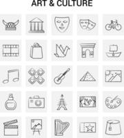 25 iconos de arte y cultura dibujados a mano conjunto de garabatos vectoriales de fondo gris vector
