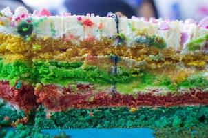 Tasty, appetizing piece of cake with multi-colored bright layered. Festive sweet dessert. Close-up. photo