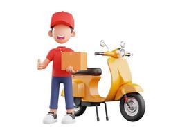 3d personaje de mensajero haciendo pose de pulgares arriba con un scooter amarillo foto