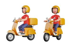 mensajero montando una motocicleta amarilla con pose feliz. ilustración de renderizado 3d foto