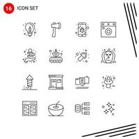 User Interface Pack of 16 Basic Outlines of wardrobe furniture axe tool spy mobile Editable Vector Design Elements