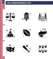 Happy Independence Day USA Pack of 9 Creative Solid Glyphs of sports ball gate tent camp Editable USA Day Vector Design Elements