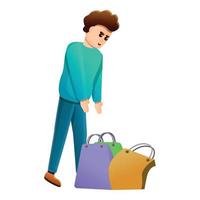 Sad man take shopping bags icon, cartoon style vector