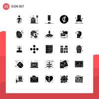 Set of 25 Commercial Solid Glyphs pack for chair currency dome costa light Editable Vector Design Elements