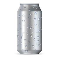lata de aluminio plateado realista con gotas vector