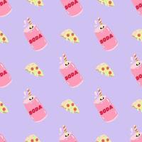 Seamless pattern with soda and pizza on purple background. Fast food concept. Design for restaurant menu. Isolated vector illustration