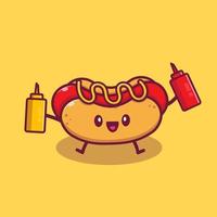 Cut Hot Dog Holding Mustard And Sauce Cartoon Vector Icon Illustration. Fast Food Cartoon Icon Concept Isolated Premium Vector. Flat Cartoon Style