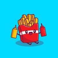 Cute French Fries Holding Ketchup And Mustard Cartoon Vector Icon Illustration. Fast Food Cartoon Icon Concept Isolated Premium Vector. Flat Cartoon Style