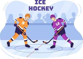 deporte de jugador de hockey sobre hielo con casco, palo, disco y patines en la superficie de hielo para juego o campeonato en ilustración de plantillas dibujadas a mano de dibujos animados planos vector