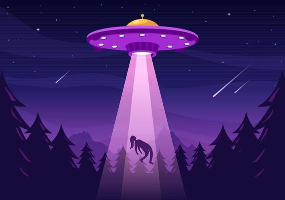 UFO Flying Spaceship with Flying Saucer Over the City Sky Abducts Human or Animals in Flat Cartoon Hand Drawn Templates Illustration