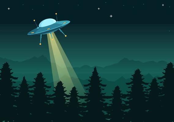 UFO Flying Spaceship with Rays of Light in Sky Night City View and Alien in Flat Cartoon Hand Drawn Templates Illustration