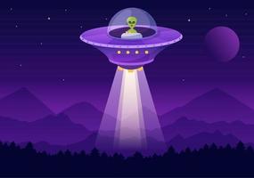 UFO Flying Spaceship with Rays of Light in Sky Night City View and Alien in Flat Cartoon Hand Drawn Templates Illustration vector