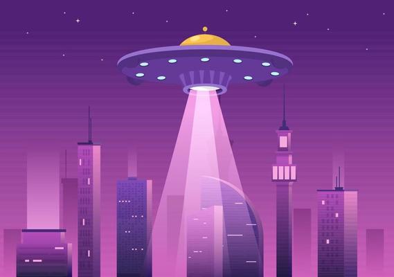 UFO Flying Spaceship with Rays of Light in Sky Night City View and Alien in Flat Cartoon Hand Drawn Templates Illustration