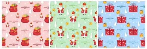 Set of Saint Nicholas Day or Sinterklaas Seamless Pattern with Gift Box and Winter Template Background Hand Drawn Cartoon Flat Illustration vector