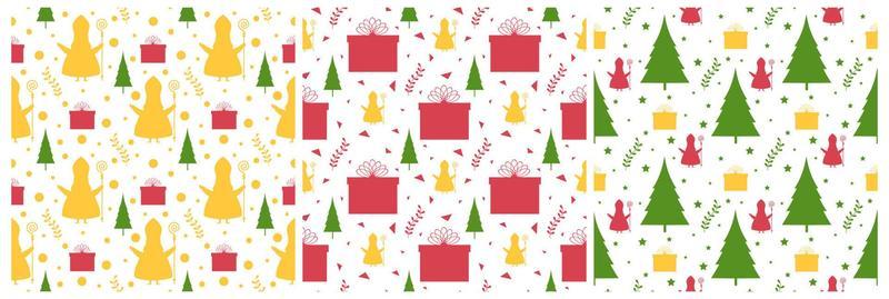 Set of Saint Nicholas Day or Sinterklaas Seamless Pattern with Gift Box and Winter Template Background Hand Drawn Cartoon Flat Illustration