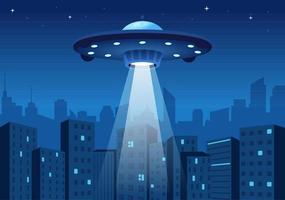 UFO Flying Spaceship with Rays of Light in Sky Night City View and Alien in Flat Cartoon Hand Drawn Templates Illustration vector
