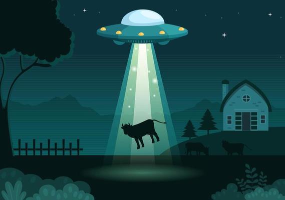 UFO Flying Spaceship with Flying Saucer Over the City Sky Abducts Human or Animals in Flat Cartoon Hand Drawn Templates Illustration