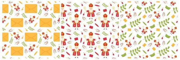 Set of Saint Nicholas Day or Sinterklaas Seamless Pattern with Gift Box and Winter Template Background Hand Drawn Cartoon Flat Illustration vector