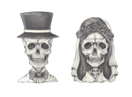 Calaveras de boda de pareja de arte. dibujo a mano sobre papel. png