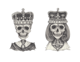 Art couple wedding king and queen skulls. Hand drawing on paper. png