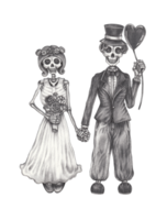 Art couple in love wedding skulls. Hand drawing on paper. png