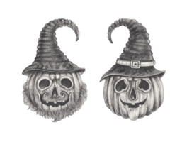 Art fantasy couple witch and wizard pumpkin skulls halloween. Hand drawing on paper. png