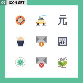 paquete de color plano de 9 símbolos universales de elementos de diseño vectorial editables de palomitas de maíz de comida de vehículo de alerta de mensaje vector