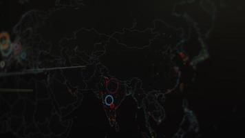 World map with different targets for cyber attack. Hacking and technology concept. Macro shooting at monitor pixels video