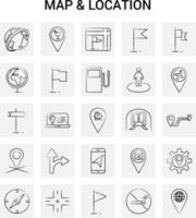 25 Hand Drawn Map and Location icon set Gray Background Vector Doodle