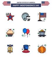 9 USA Flat Filled Line Pack of Independence Day Signs and Symbols of party celebrate flag balloons dessert Editable USA Day Vector Design Elements