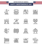 ee.uu. feliz día de la independencia conjunto de pictogramas de 16 líneas simples de instrumento de helado tambor de seguridad wisconsin elementos editables de diseño vectorial del día de ee.uu. vector