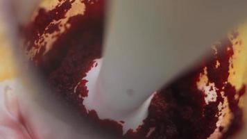 Crush the baked beets with a blender. Macro shooting video