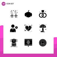 Group of 9 Modern Solid Glyphs Set for health development love user avatar Editable Vector Design Elements