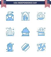 paquete azul de 9 símbolos del día de la independencia de estados unidos de estados unidos monumento hito hito delicioso elementos de diseño de vector editables del día de estados unidos