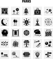 iconos de glifo sólido de parques establecidos para infografía kit de uxui móvil y diseño de impresión incluyen batería instrumento música mapa ubicación parque estacionamiento mundo conjunto de iconos vector