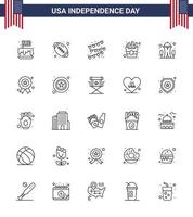 Modern Set of 25 Lines and symbols on USA Independence Day such as needle building american ball fries fast Editable USA Day Vector Design Elements