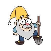 PCheerful little garden gnome, dwarf, oldman, gardener is holding a shovel in cartoon style. Colorful vector fairytale kids illustration, drawing character, mascot, sticker