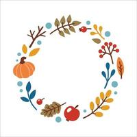 Autumn decorative round frame, template with autumn elements - leaves, pumpkin, apple, berries. Vector illustration in Doodle style.