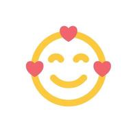 Smile icon, happy face in love, smiling emoji, yellow sticker with hearts. Vector flat illustration. Love icon.