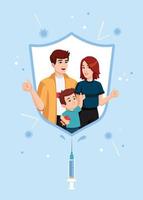 The vaccinated family is protected from coronavirus and influenza by an immunity shield. Power of vaccination concept. Vector illustration in flat style.