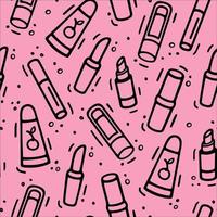 Cosmetics collection seamless pattern in pink color. Lipsticks set in doodle style. Woman stuff, eco girls accessory concept. Vector hand drawn flat illustration on pink background.