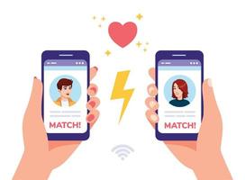 A man and a woman holding smartphones with profiles of each other in dating service app. Virtual relationship, social media dating, profiles match flat style illustration vector