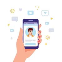 Dating application concept. Female hand holding smartphone with young man profile on display and messeges around. Flat vector illustration.